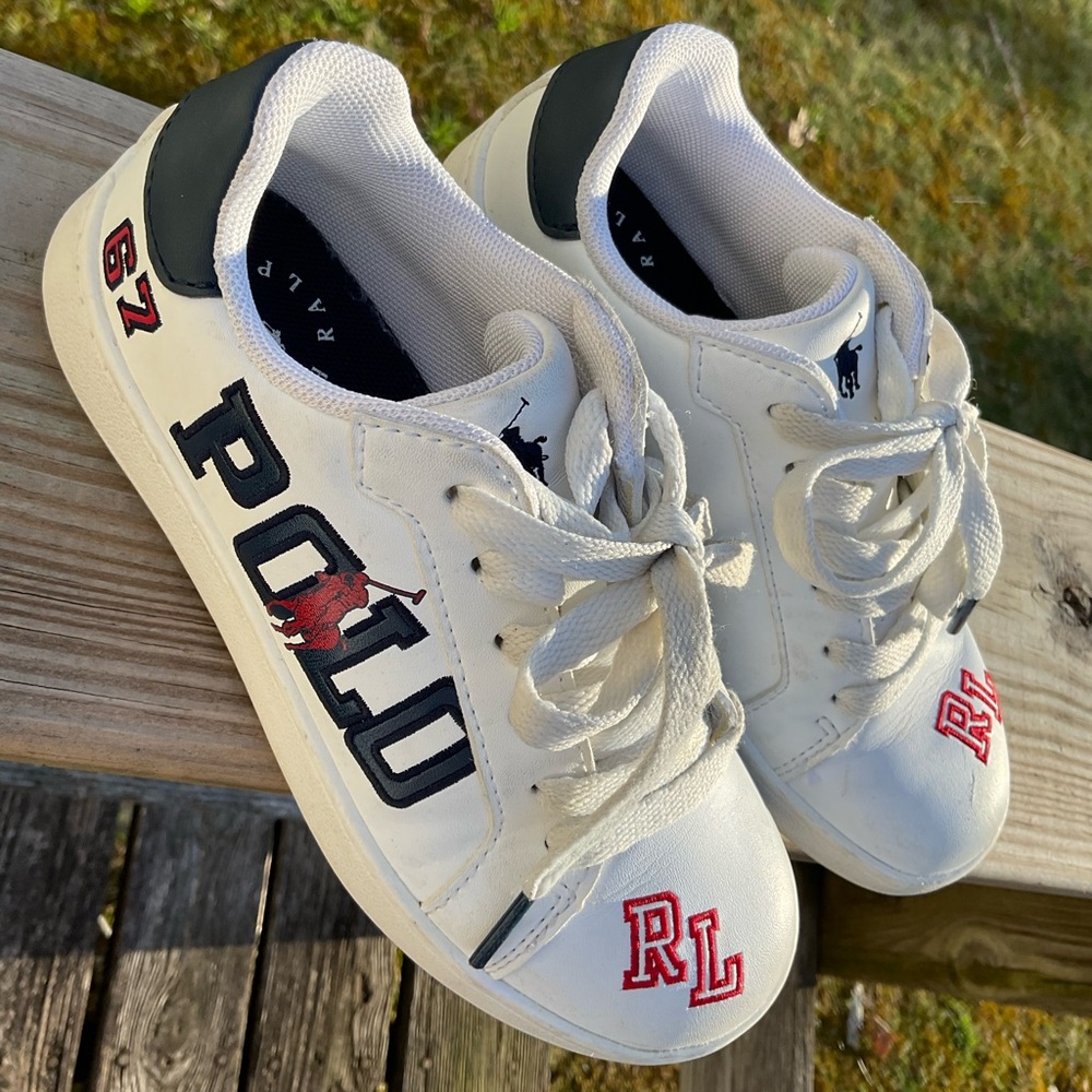 Polo by Ralph Lauren Kids White leather Sneakers pony Black Red logo Accents